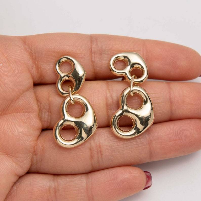 Puffed Heart Dangle Earrings Gold Plated Stud Earrings