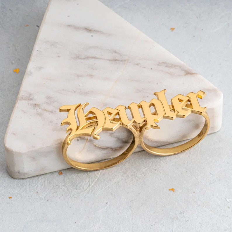 Two Finger Name Ring Old English Gold Plated Personalized Name Ring