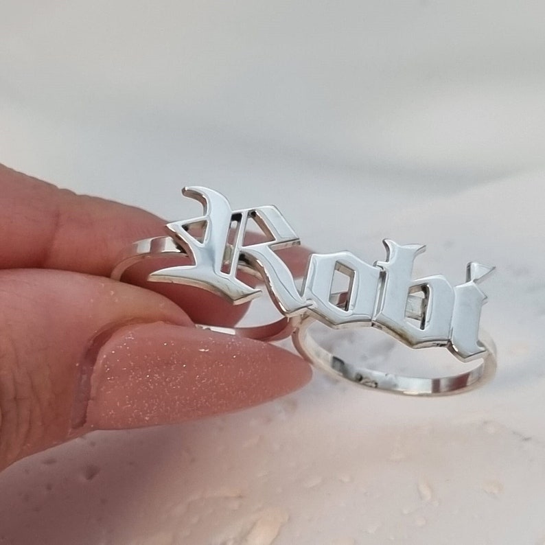 Two Finger Name Ring Old English Gold Plated Personalized Name Ring