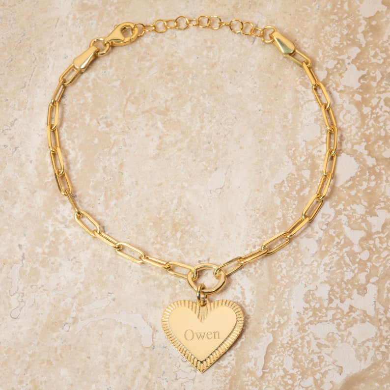 Heart Pendant Paperclip Chain Bracelet Personalized Name Bracelet Gold Plated