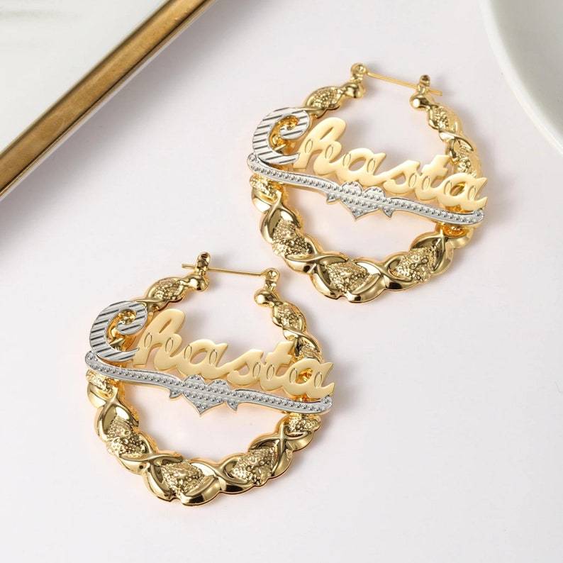 Bamboo Earrings Gold Plated Two Tone Custom Hoop Name Earrings