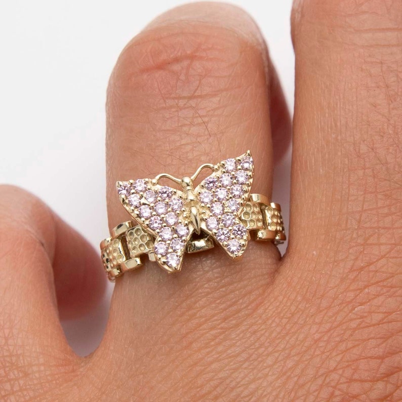Rolex Style Pink Butterfly Ring Engraved Ring Custom Rings