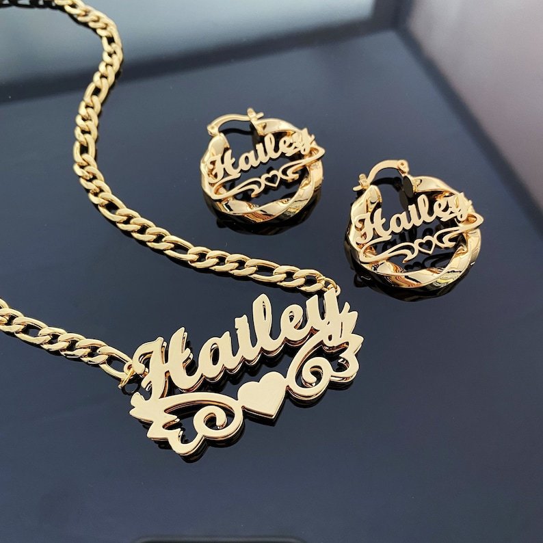 Personalized Heart Name Necklace and Hoop Name Earrings Jewelry Set