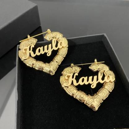 Butterfly and Crown Nameplated Necklace Personalized Name Necklace And Bamboo Earrings 2pcs Set