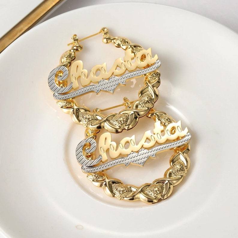 Bamboo Earrings Gold Plated Two Tone Custom Hoop Name Earrings