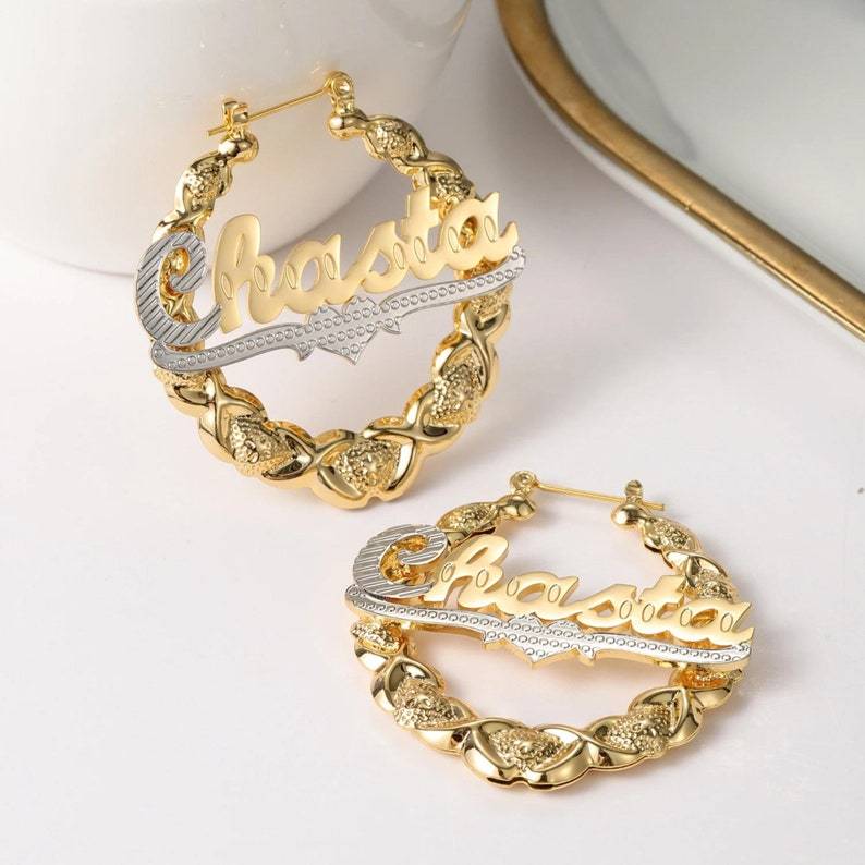 Bamboo Earrings Gold Plated Two Tone Custom Hoop Name Earrings