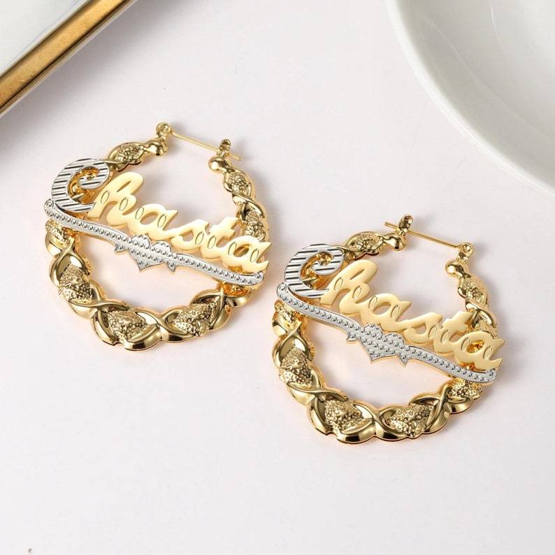 Bamboo Earrings Gold Plated Two Tone Custom Hoop Name Earrings
