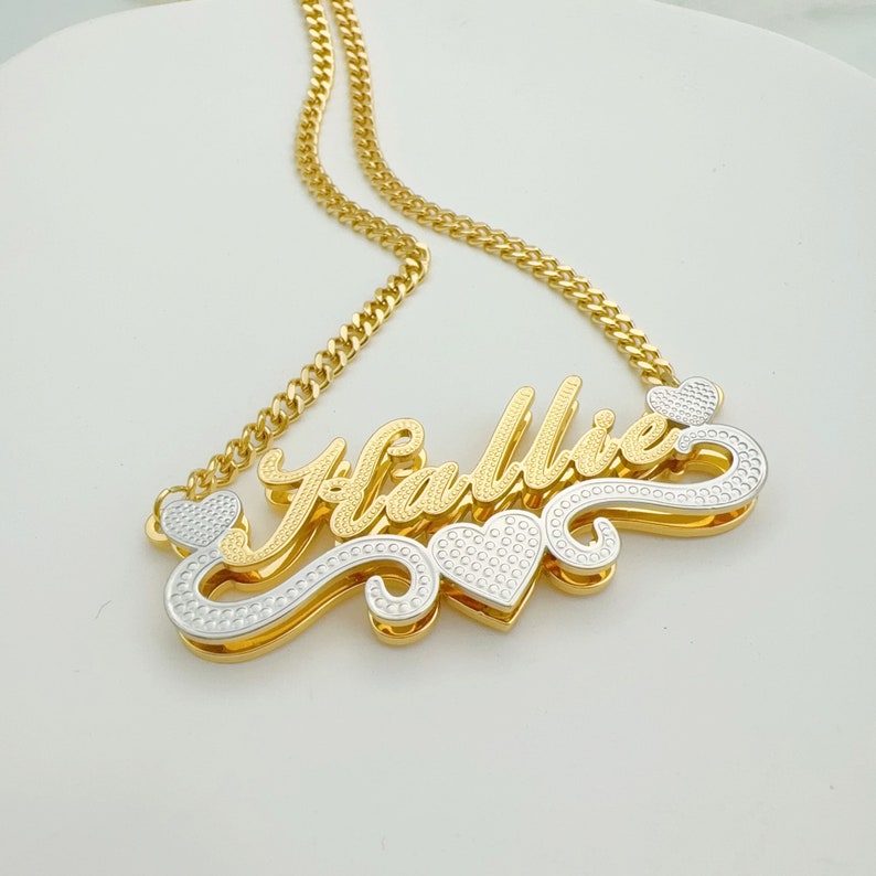 Double Layer Two Tone Heart Necklace Cuban Chain Personalized Name Necklace 