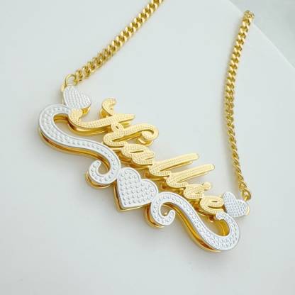 Double Layer Two Tone Heart Necklace Cuban Chain Personalized Name Necklace 