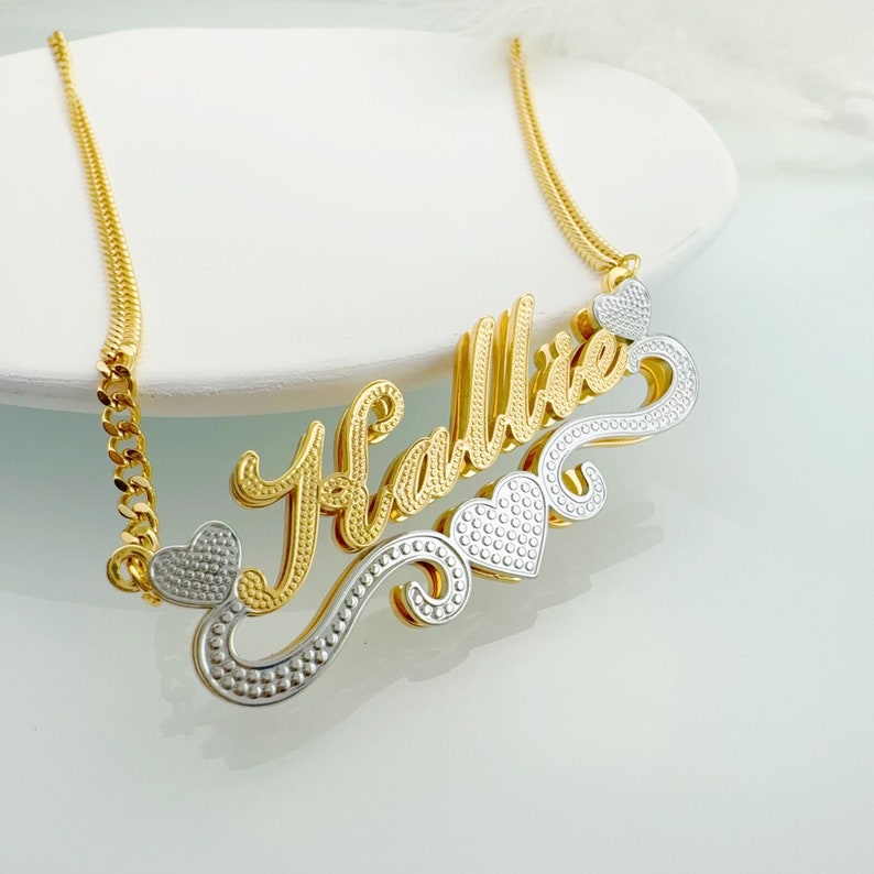 Double Layer Two Tone Heart Necklace Cuban Chain Personalized Name Necklace 