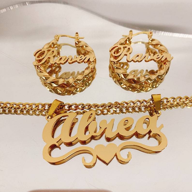 Personalized Name Necklace And Name Hoop Earrings Kids Jewelry Set