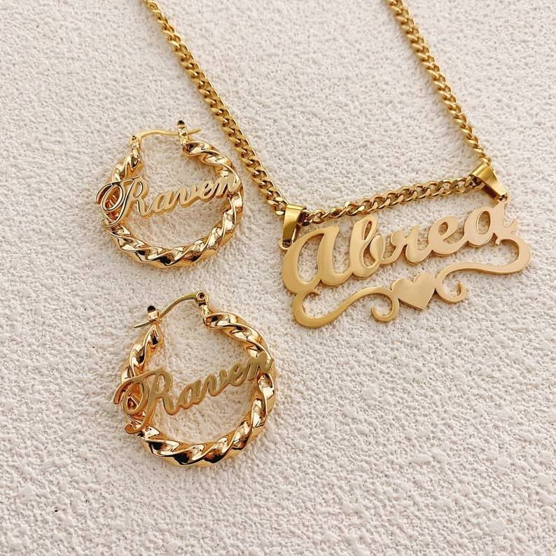 Personalized Name Necklace And Name Hoop Earrings Kids Jewelry Set