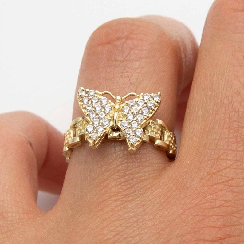 Rolex Style White Diamond Butterfly Ring Custom Engraved Ring
