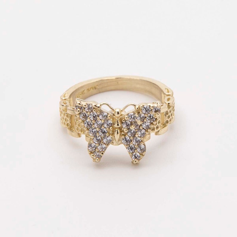 Rolex Style White Diamond Butterfly Ring Custom Engraved Ring