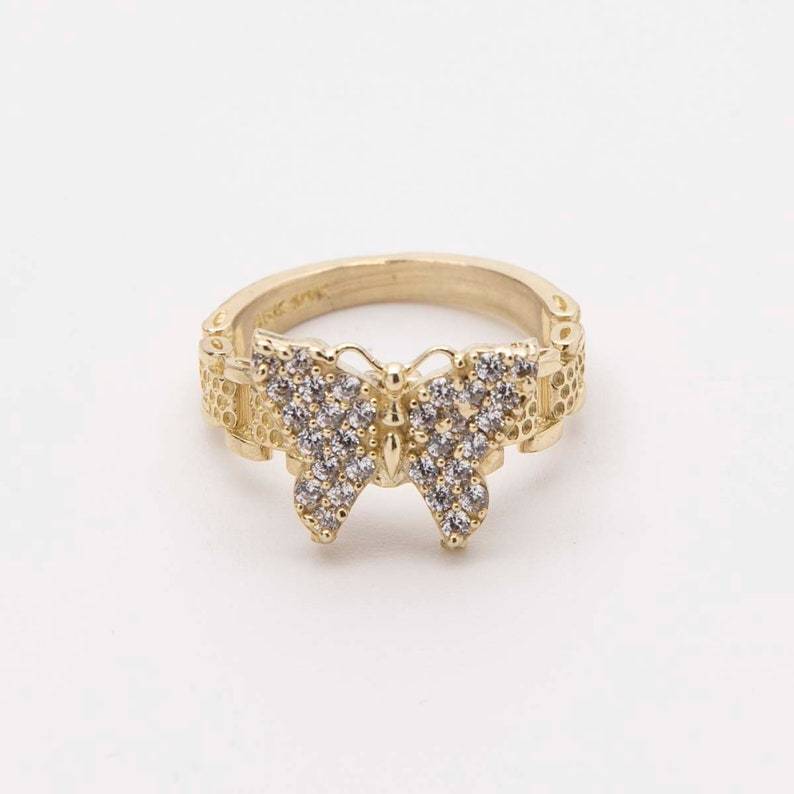 Rolex Style White Diamond Butterfly Ring Custom Engraved Ring