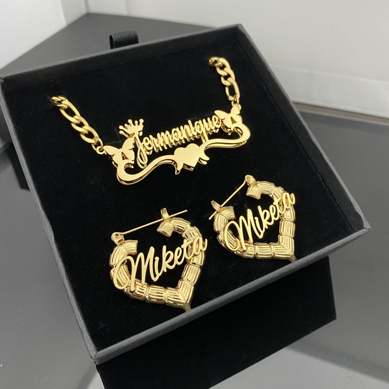 Butterfly Crown Nameplated Custom Name Necklace And Bamboo Earrings