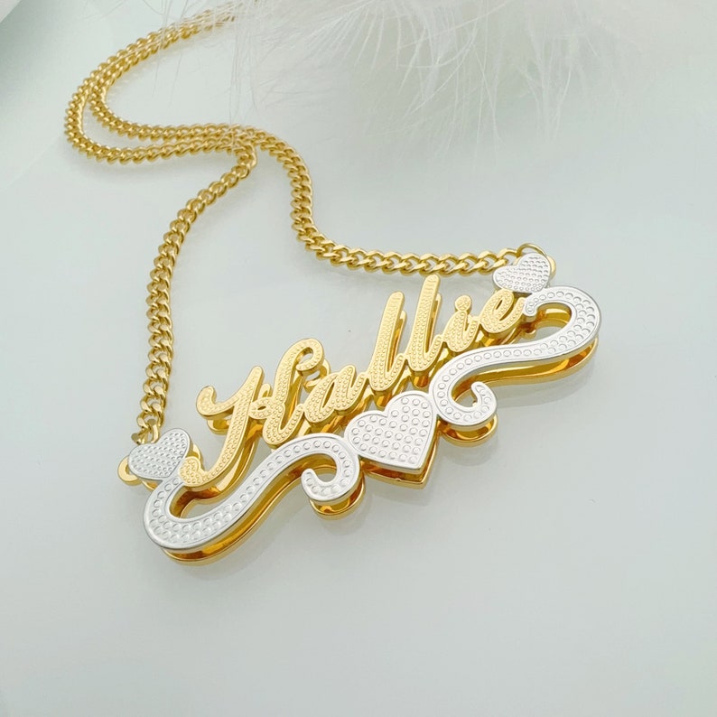 Double Layer Two Tone Heart Necklace Cuban Chain Personalized Name Nec