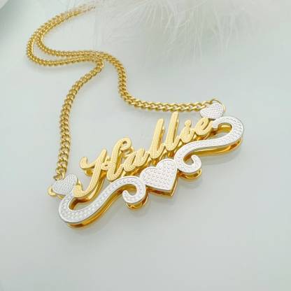 Double Layer Two Tone Heart Necklace Cuban Chain Personalized Name Necklace 