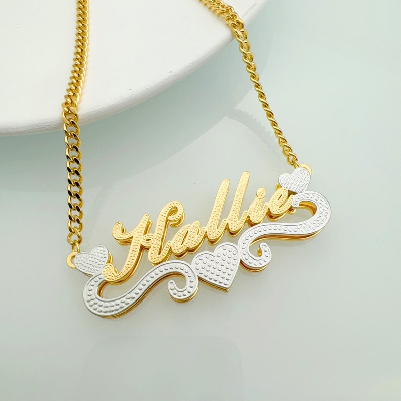 Double Layer Two Tone Heart Necklace Cuban Chain Personalized Name Necklace 