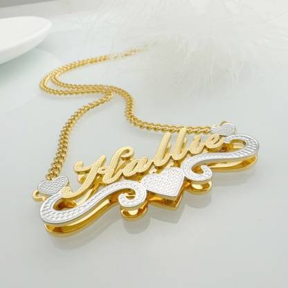 Double Layer Two Tone Heart Necklace Cuban Chain Personalized Name Necklace 