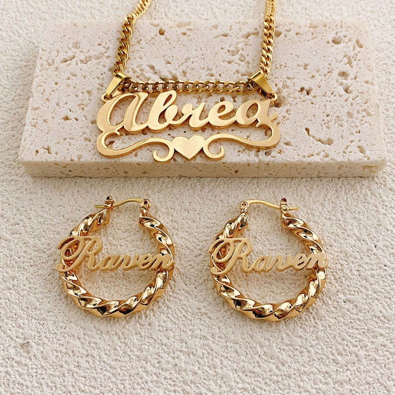 Personalized Name Necklace And Name Hoop Earrings Kids Jewelry Set