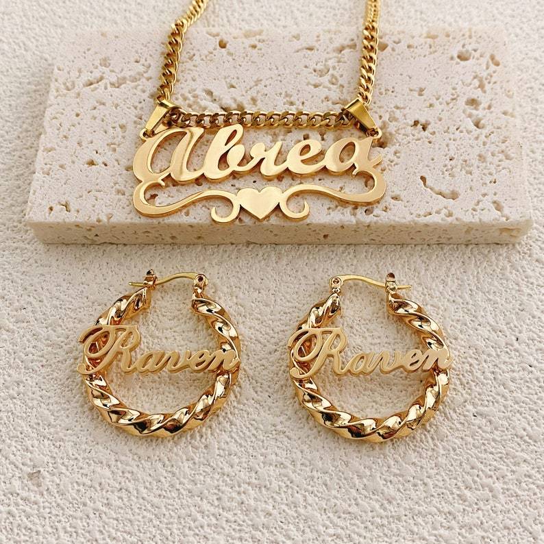 Personalized Name Necklace And Name Hoop Earrings Kids Jewelry Set