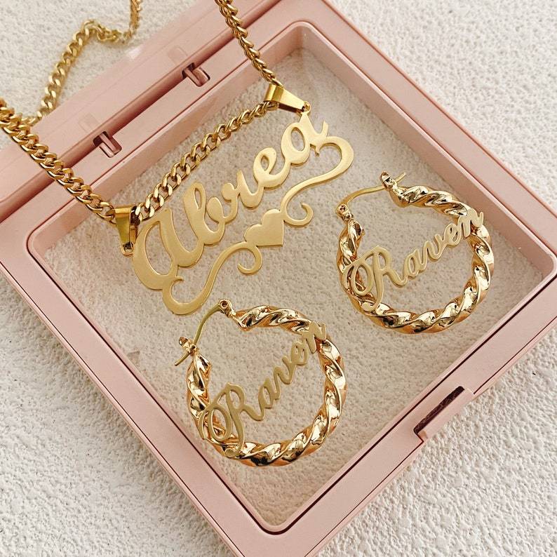 Personalized Name Necklace And Name Hoop Earrings Kids Jewelry Set