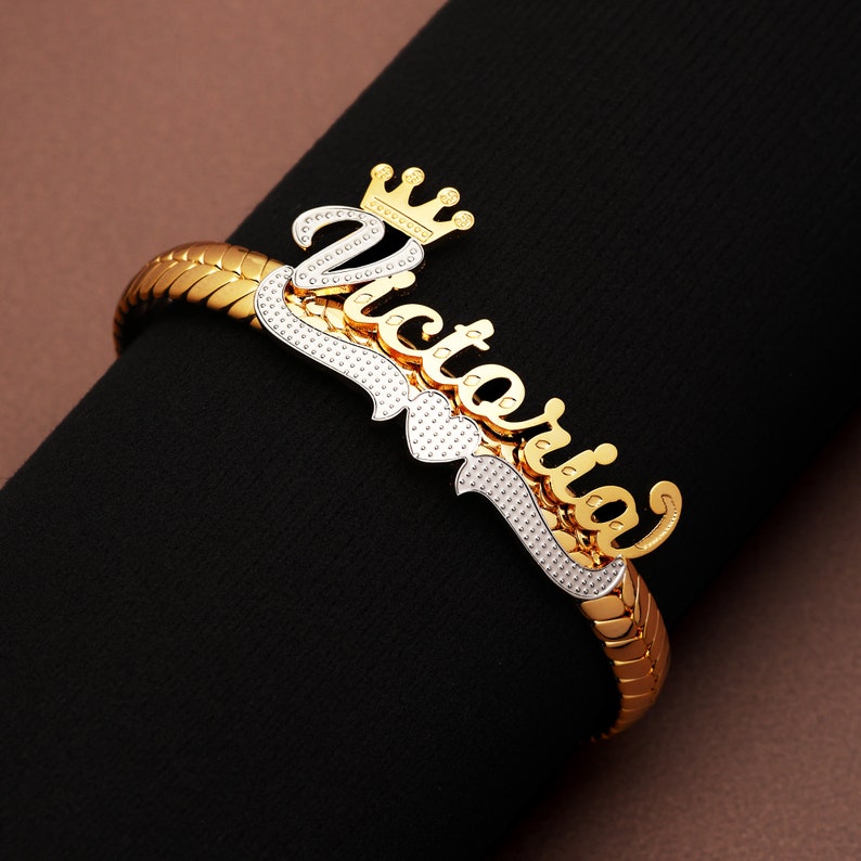 Personalized Two Ton Crown Name Bracelet Custom Nameplate Bangle