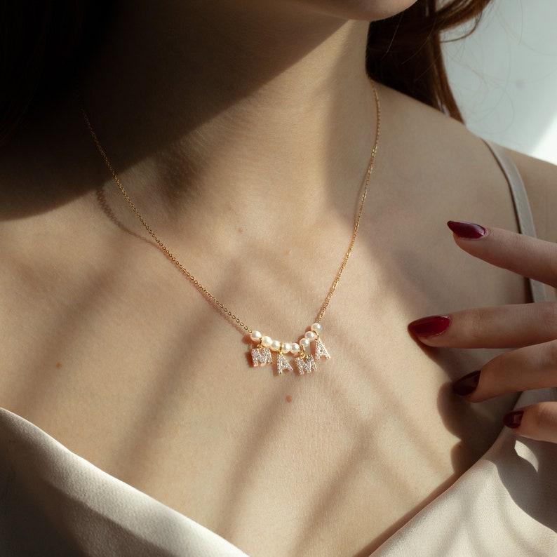Pearl Initial Necklace Custom Gold Plated Name Necklace