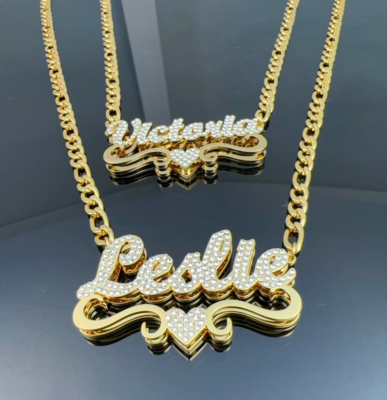 Double Layer Gold Plated Zircon Heart Necklace Custom Name Necklace