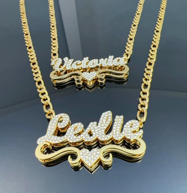 Double Layer Gold Plated Zircon Heart Necklace Custom Name Necklace