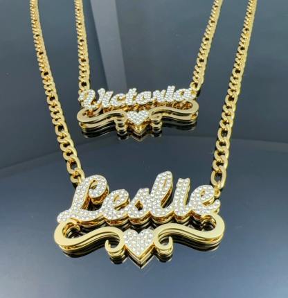 Double Layer Gold Plated Zircon Heart Necklace Custom Name Necklace
