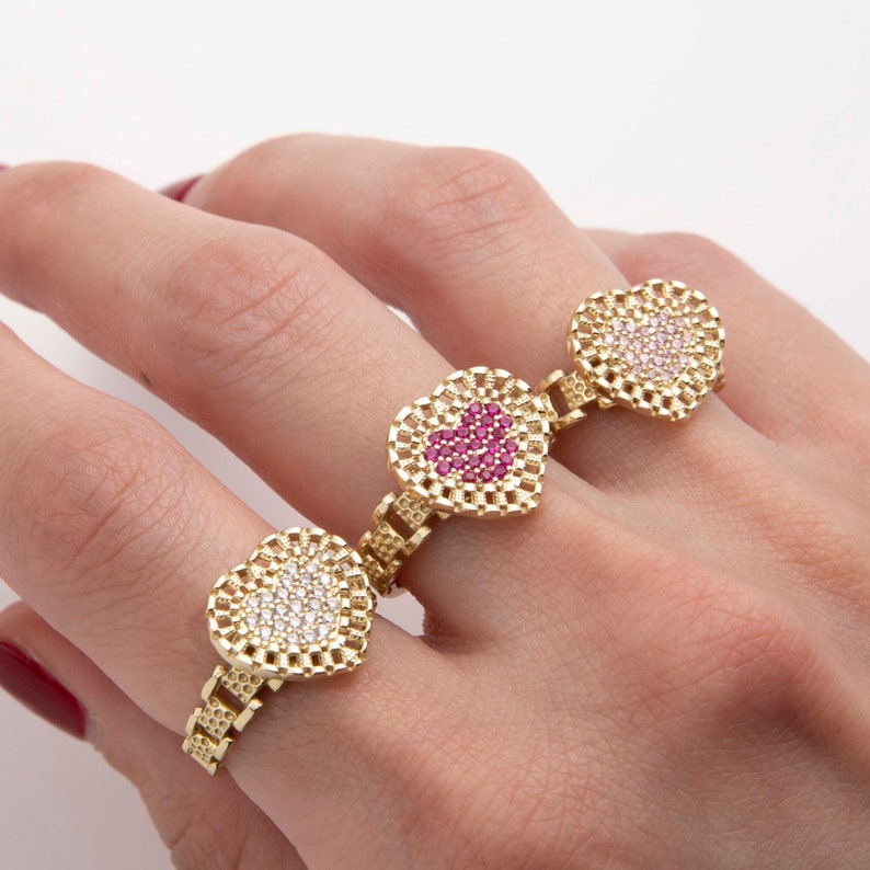 RX Railroad Chain Colorful Heart Ring Custom Gold Plated Engraved Ring