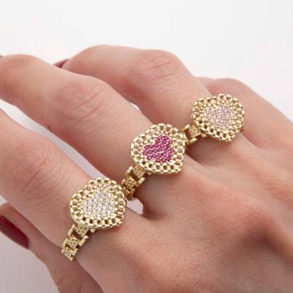 RX Railroad Chain Colorful Heart Ring Custom Gold Plated Engraved Ring