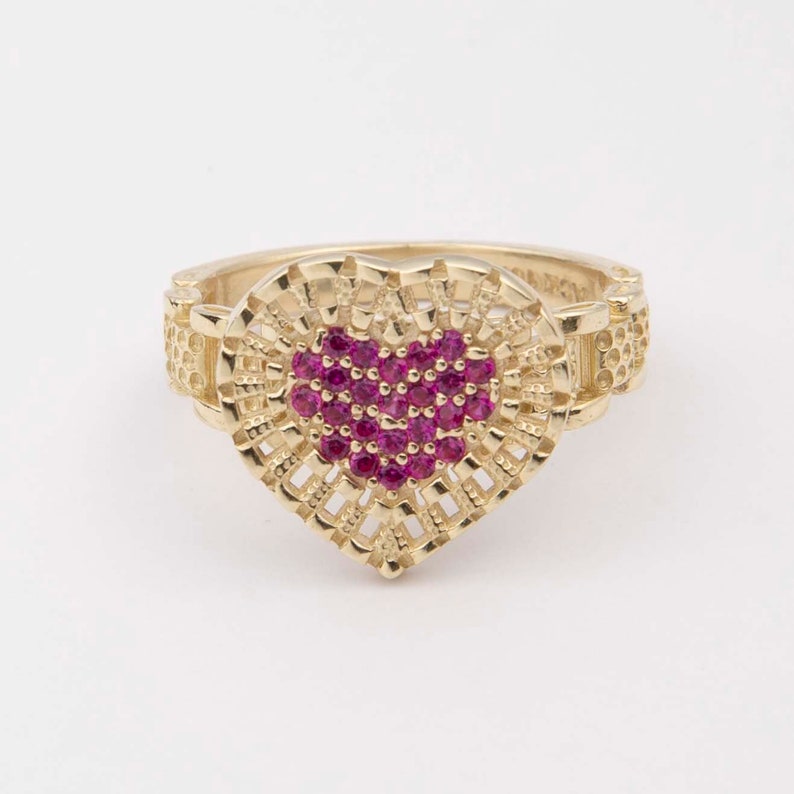 RX Railroad Chain Colorful Heart Ring Custom Gold Plated Engraved Ring