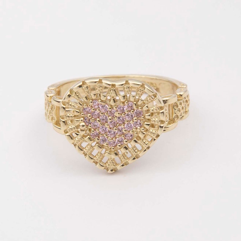 RX Railroad Chain Colorful Heart Ring Custom Gold Plated Engraved Ring