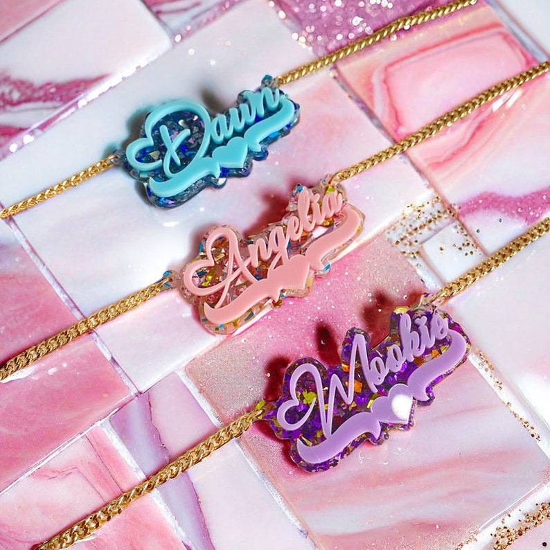 Acrylic Colorful Necklace Personalized Name Necklace Pink Purple Blue Color