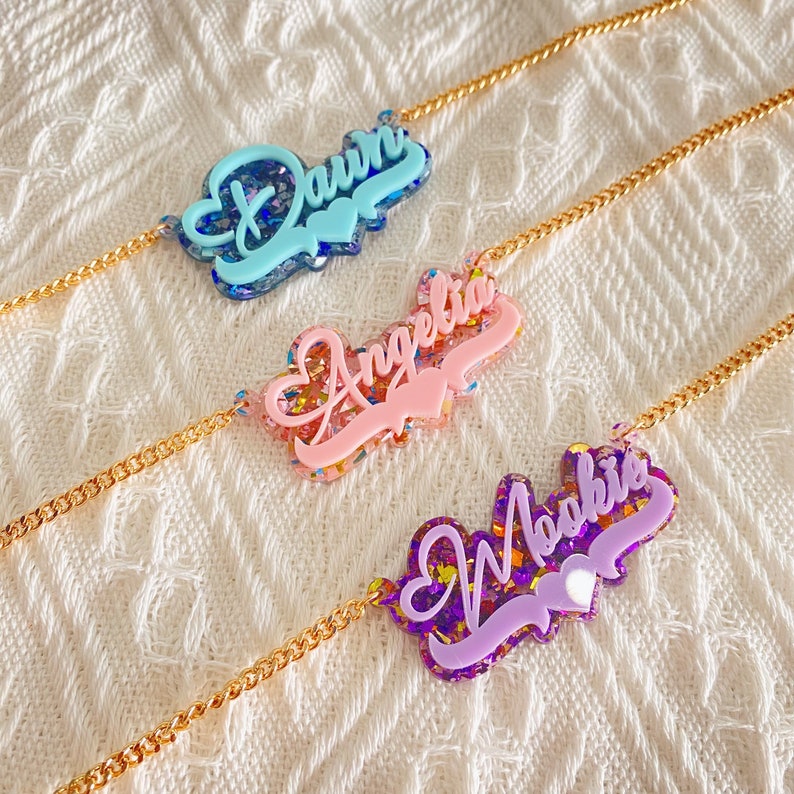 Acrylic Colorful Necklace Personalized Name Necklace Pink Purple Blue Color
