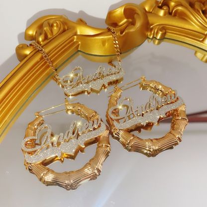 Bling Nameplated Personalized Heart Name Necklace And 25mm Mini Name Earrings 2pc Set