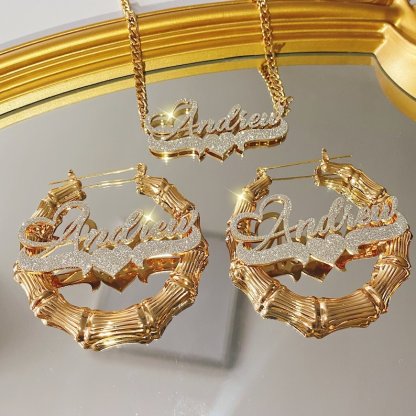 Bling Nameplated Personalized Heart Name Necklace And 25mm Mini Name Earrings 2pc Set