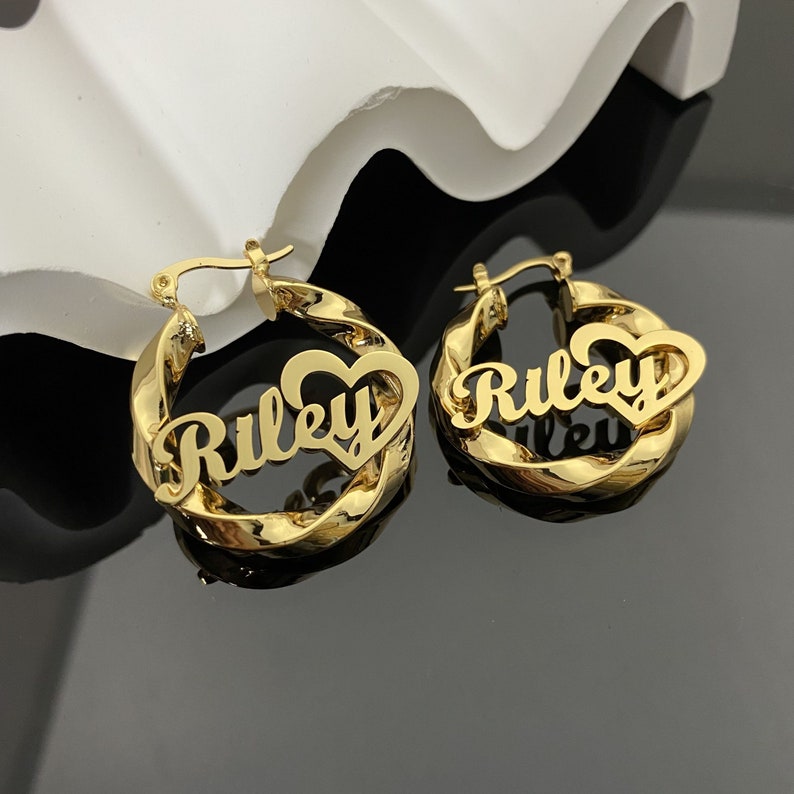 Personalized Double Plated Heart Name Necklace And Twist Hoop Name Earrings Set