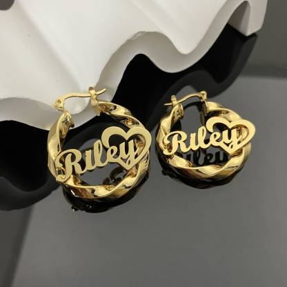 Personalized Double Plated Heart Name Necklace And Twist Hoop Name Earrings Set