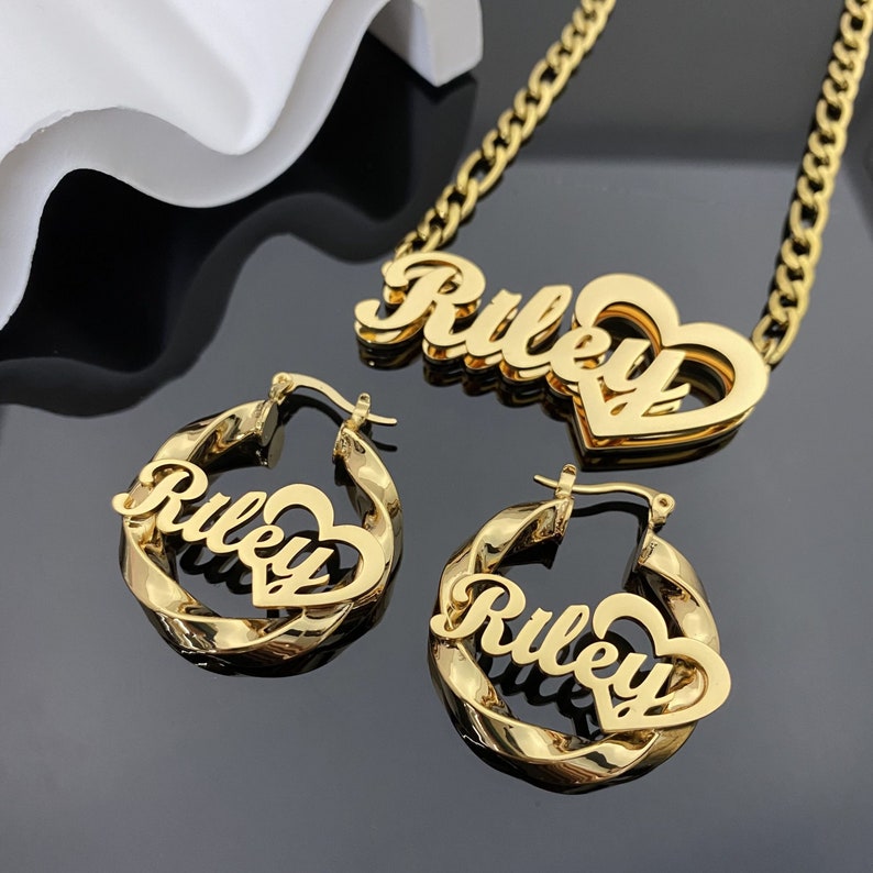Personalized Double Plated Heart Name Necklace and Twist Hoop Name Earrings Set