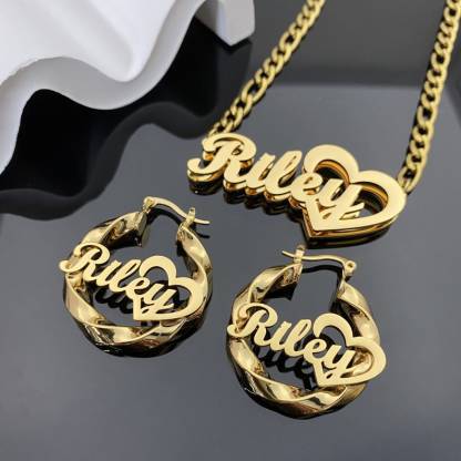 Personalized Double Plated Heart Name Necklace And Twist Hoop Name Earrings Set