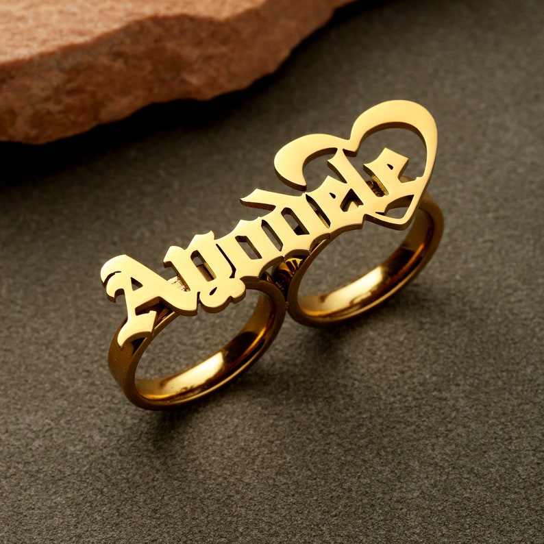 Old English Two Finger Ring Custom Gold Plated Name Ring