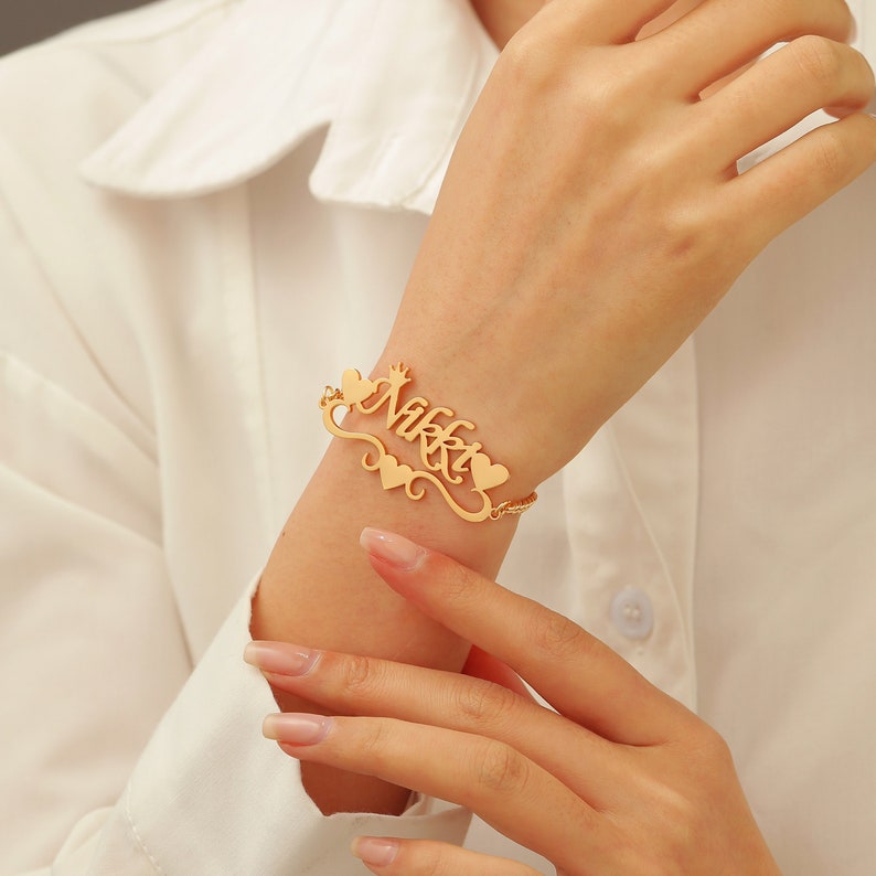 Heart Crown Bracelet Personalized Name Bracelet Gold Plated