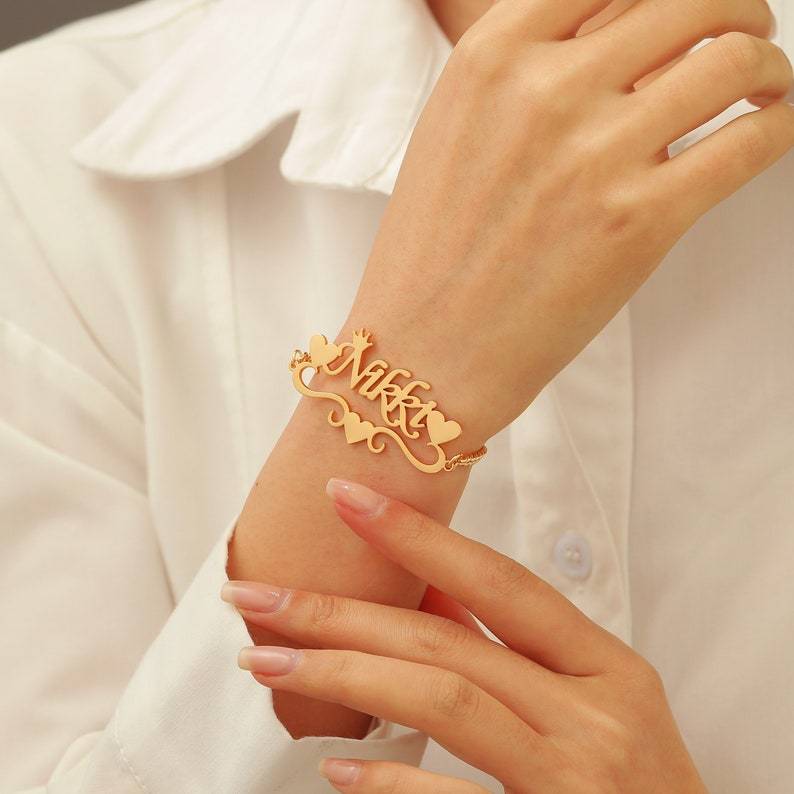 Heart Crown Bracelet Personalized Name Bracelet Gold Plated