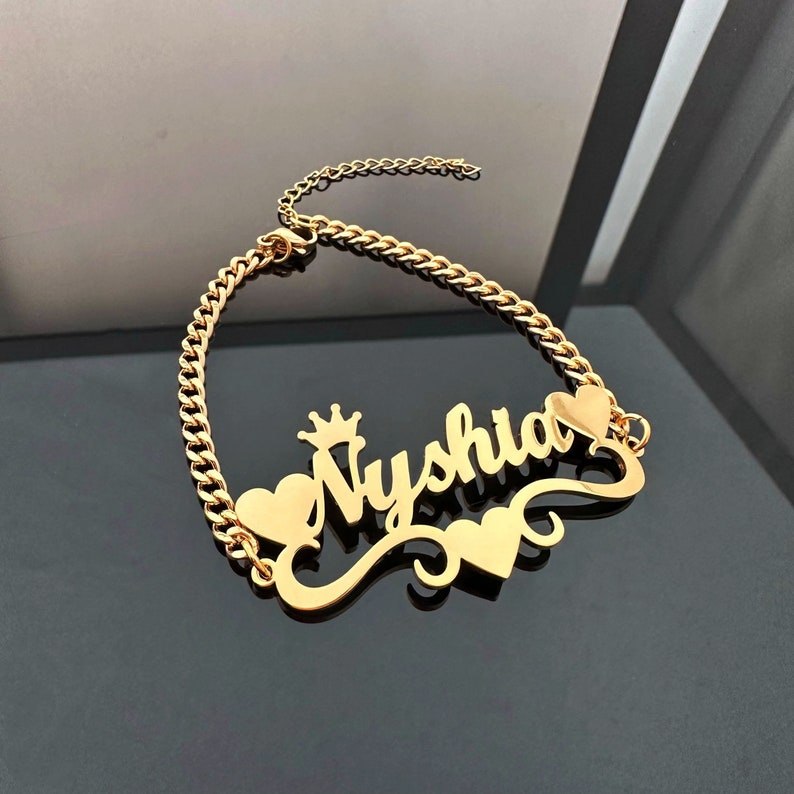 Heart Crown Bracelet Personalized Name Bracelet Gold Plated
