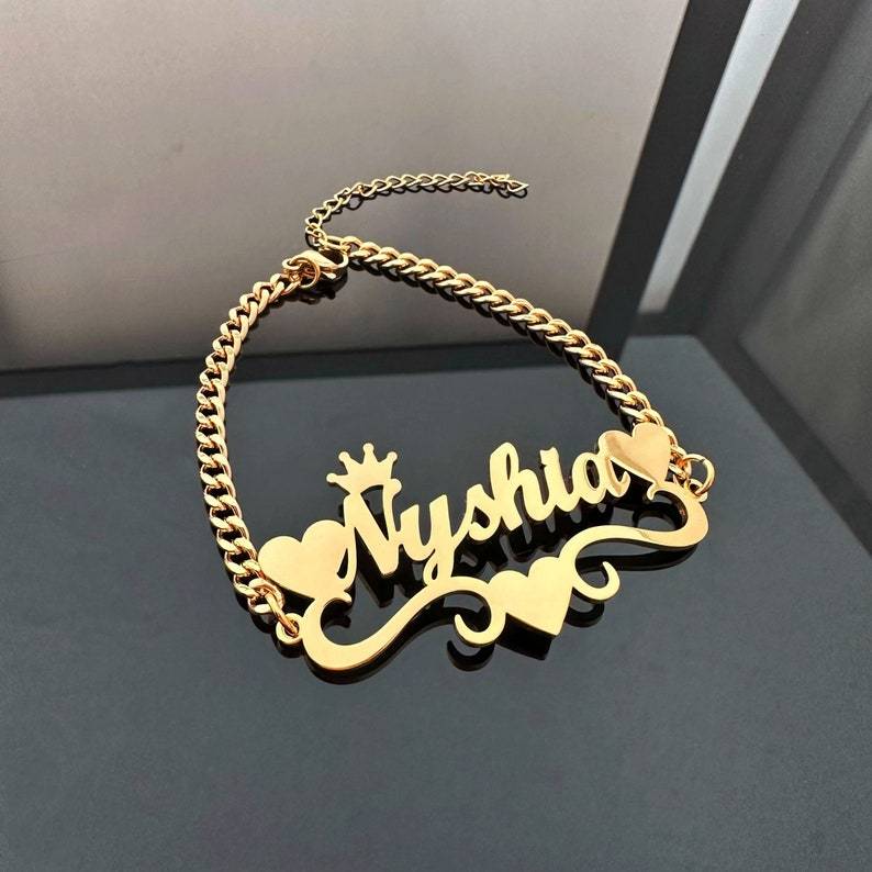 Heart Crown Bracelet Personalized Name Bracelet Gold Plated