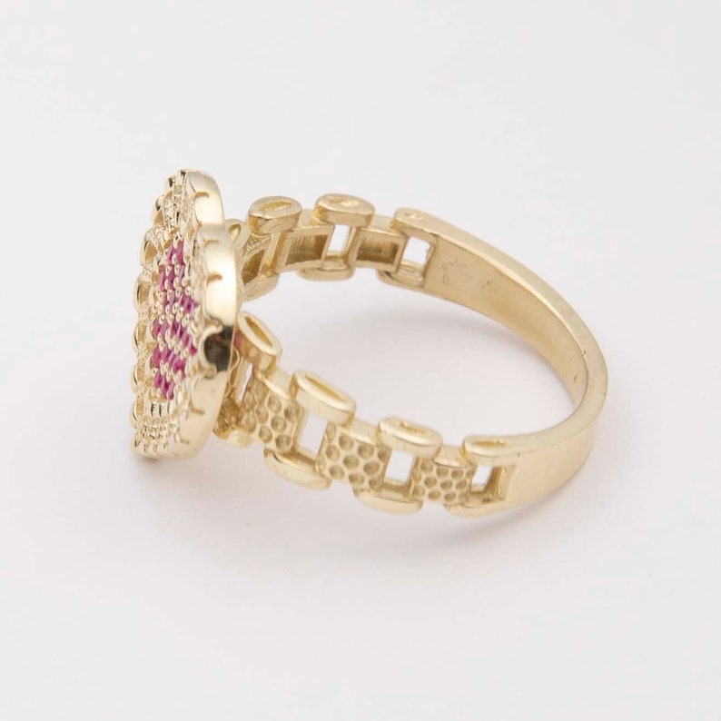 RX Railroad Chain Colorful Heart Ring Custom Gold Plated Engraved Ring